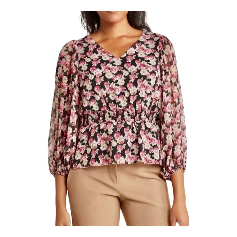 Philosophy Vibrant floral print blooms blouse. Size: Large Color: Black/Pink